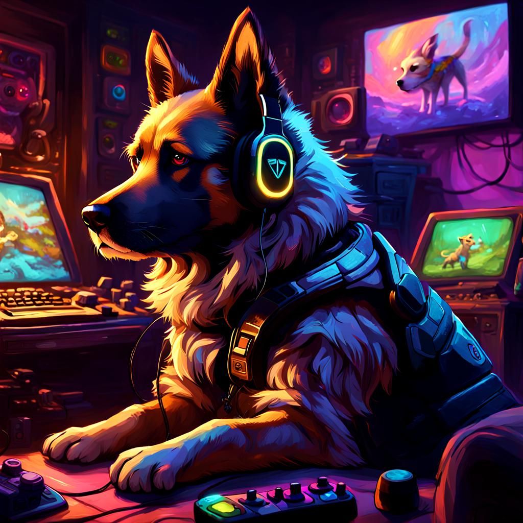 Dog Gamer in Cozy Lair: Fantasy Concept Art