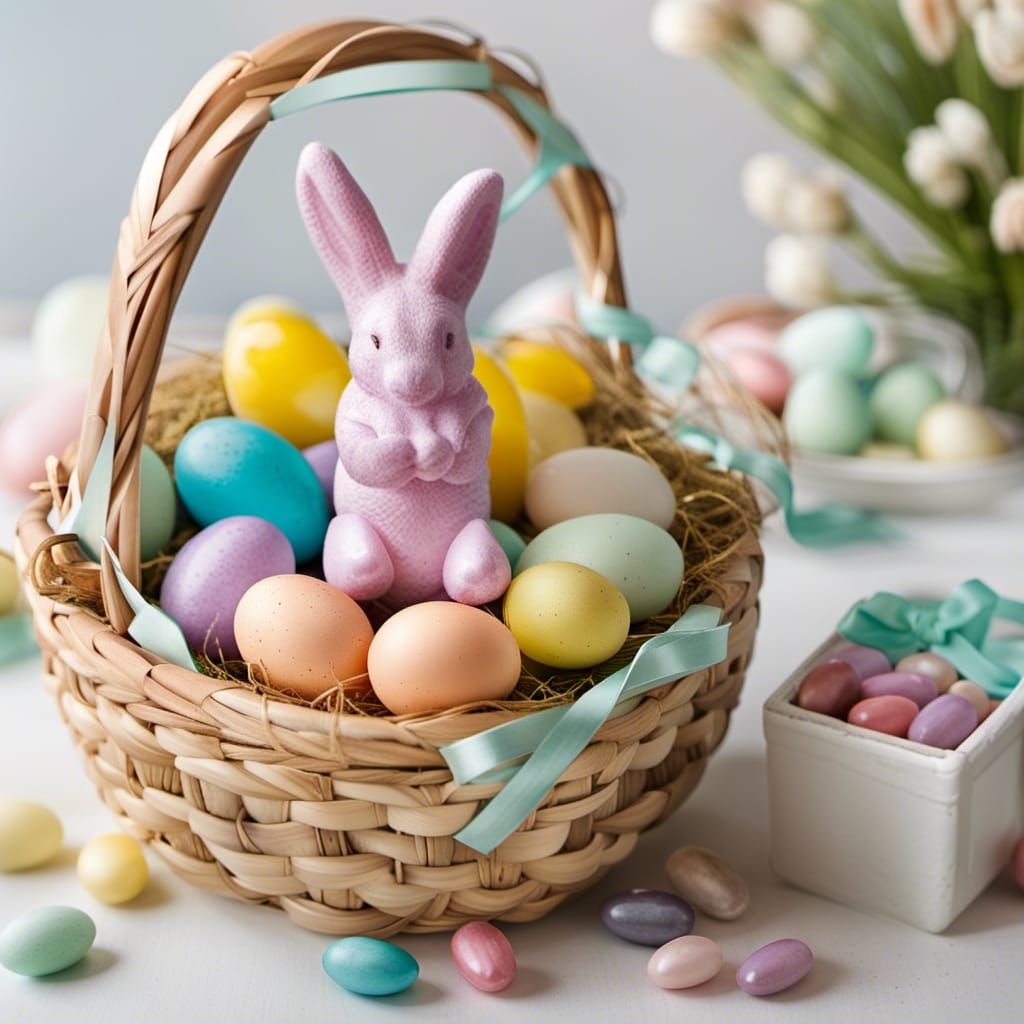 Easter Basket with Pastel Eggs and Chocolate Bunny
