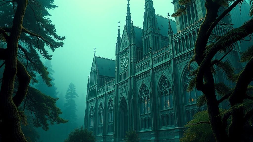 Emerald Gothic Cathedral in Vibrant Forest