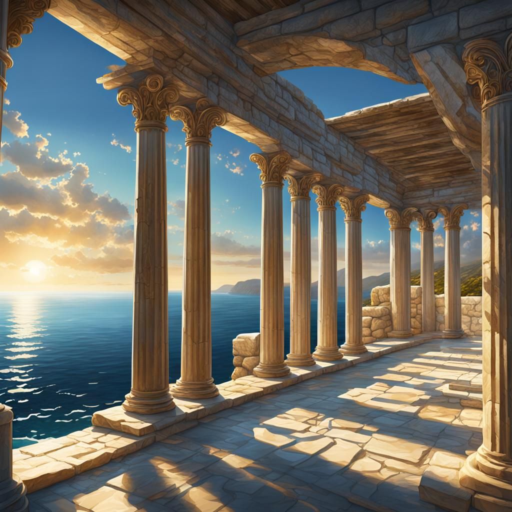 Hyperrealistic Greek Portico Overlooking Ocean in Digital Ar...
