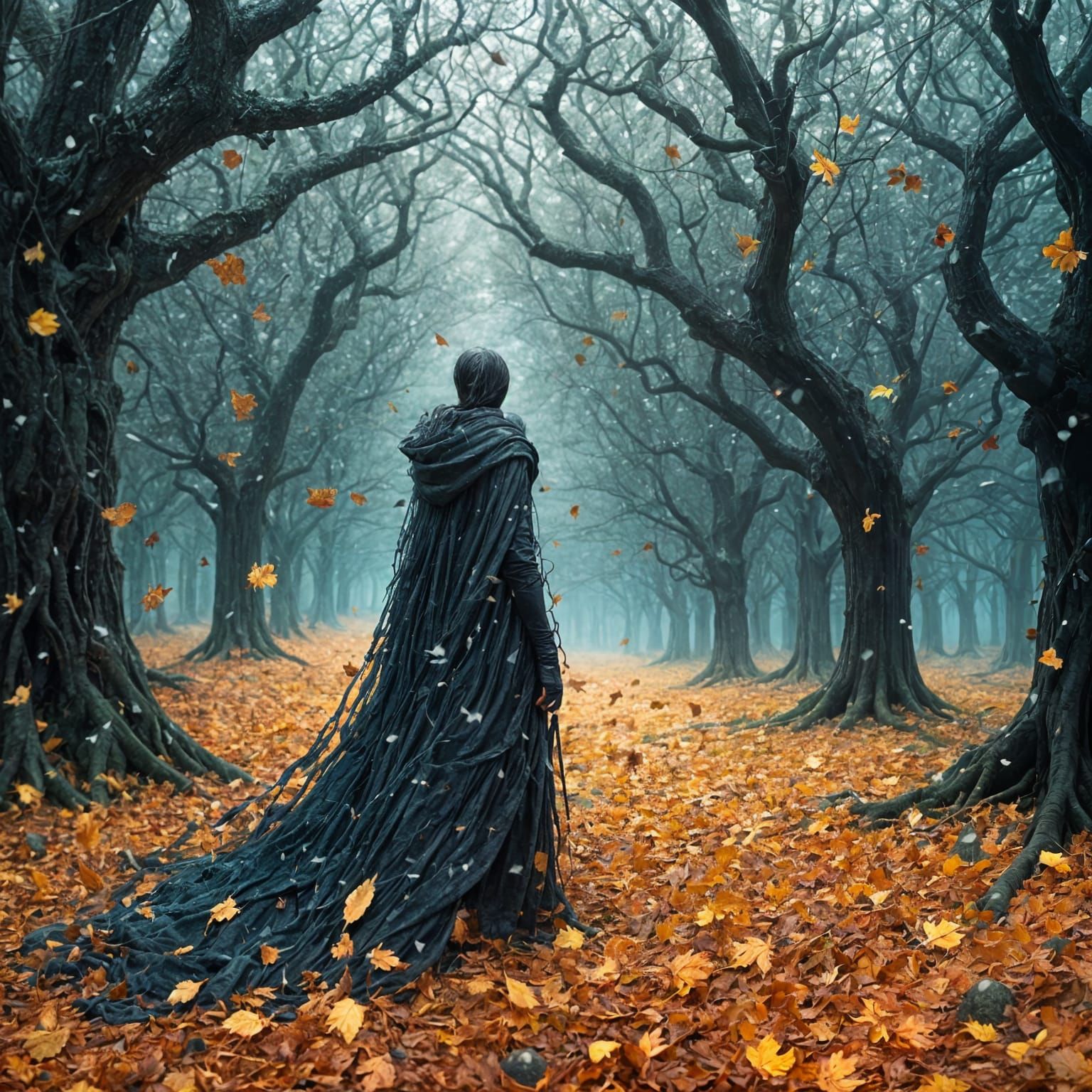 Cloaked Figure Walks Through Bare Autumn Forest