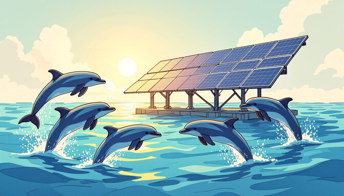 Dolphins Leap Around Offshore Solar Station