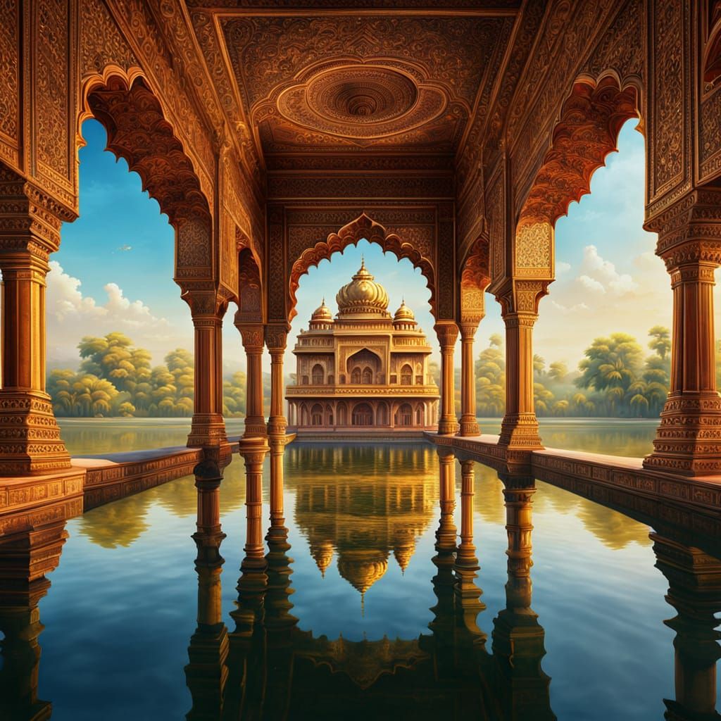 Majestic Indian Palace Reflected in Lake: Oil Painting