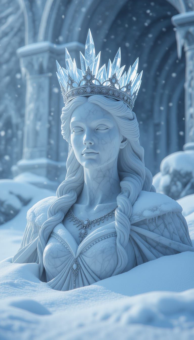 Elegant Marble Queen Statue in Frozen Ruins