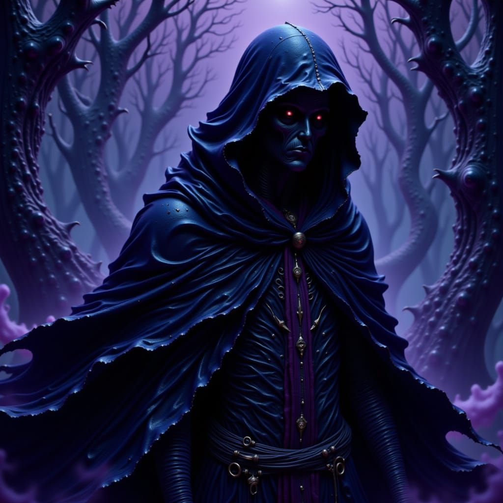 Mystical Hooded Figure in Indigo Shadows