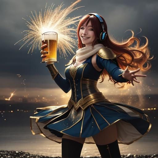 Anime Girl's Magical Beer Celebration in Fantasy World