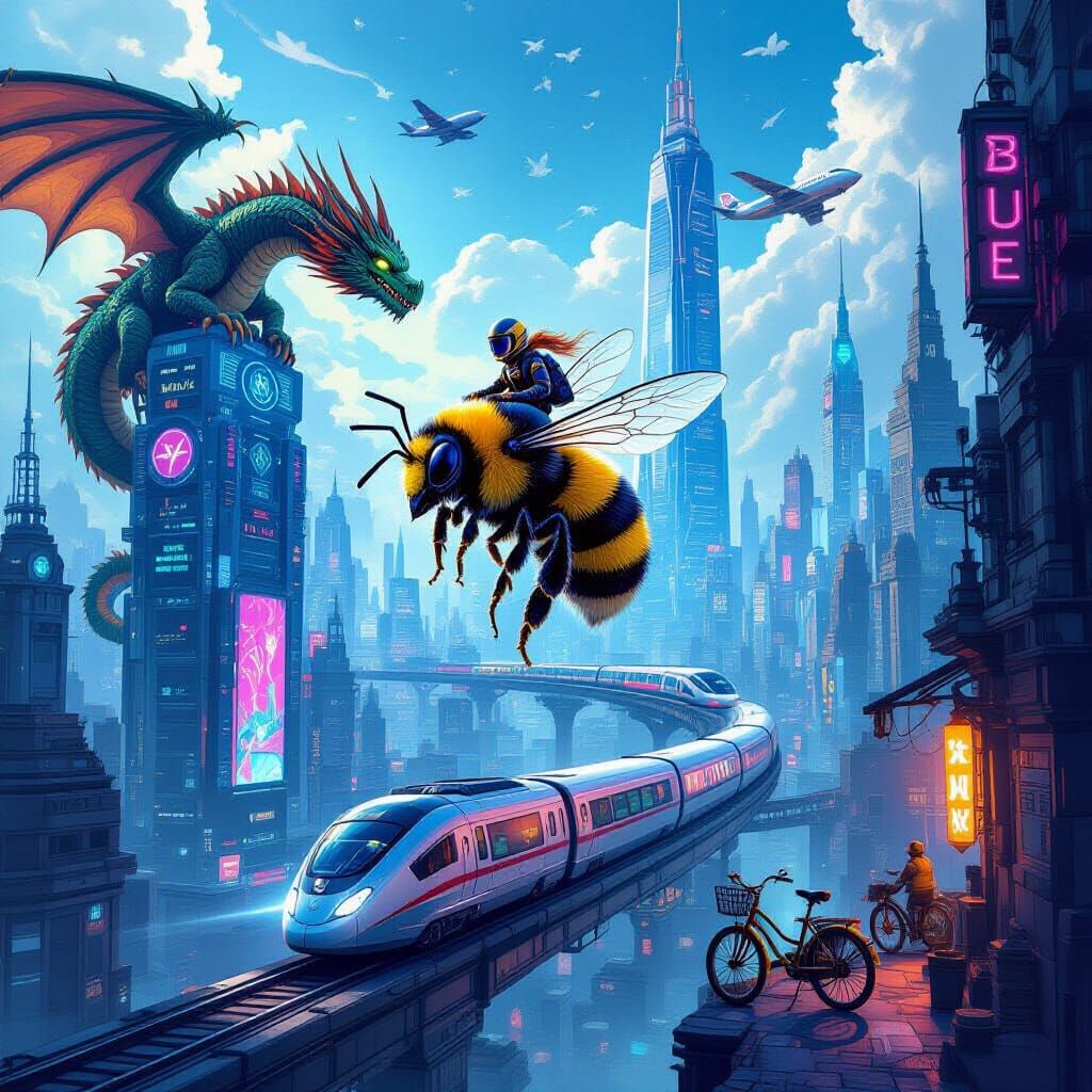 Bumblebee Rider Soars Over Cyberpunk Fantasy Cityscape
