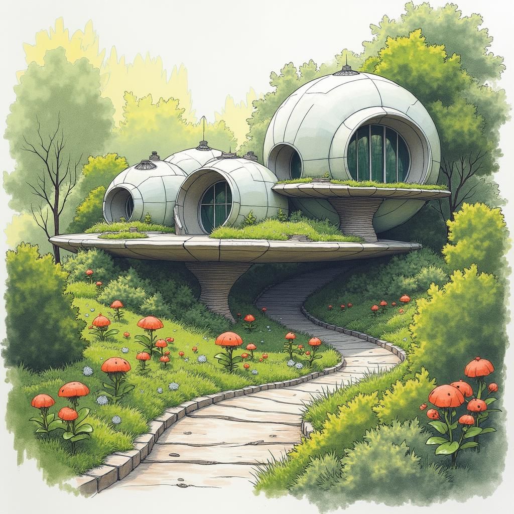 Futuristic Eco-Friendly Architecture in Pencil Sketch Style