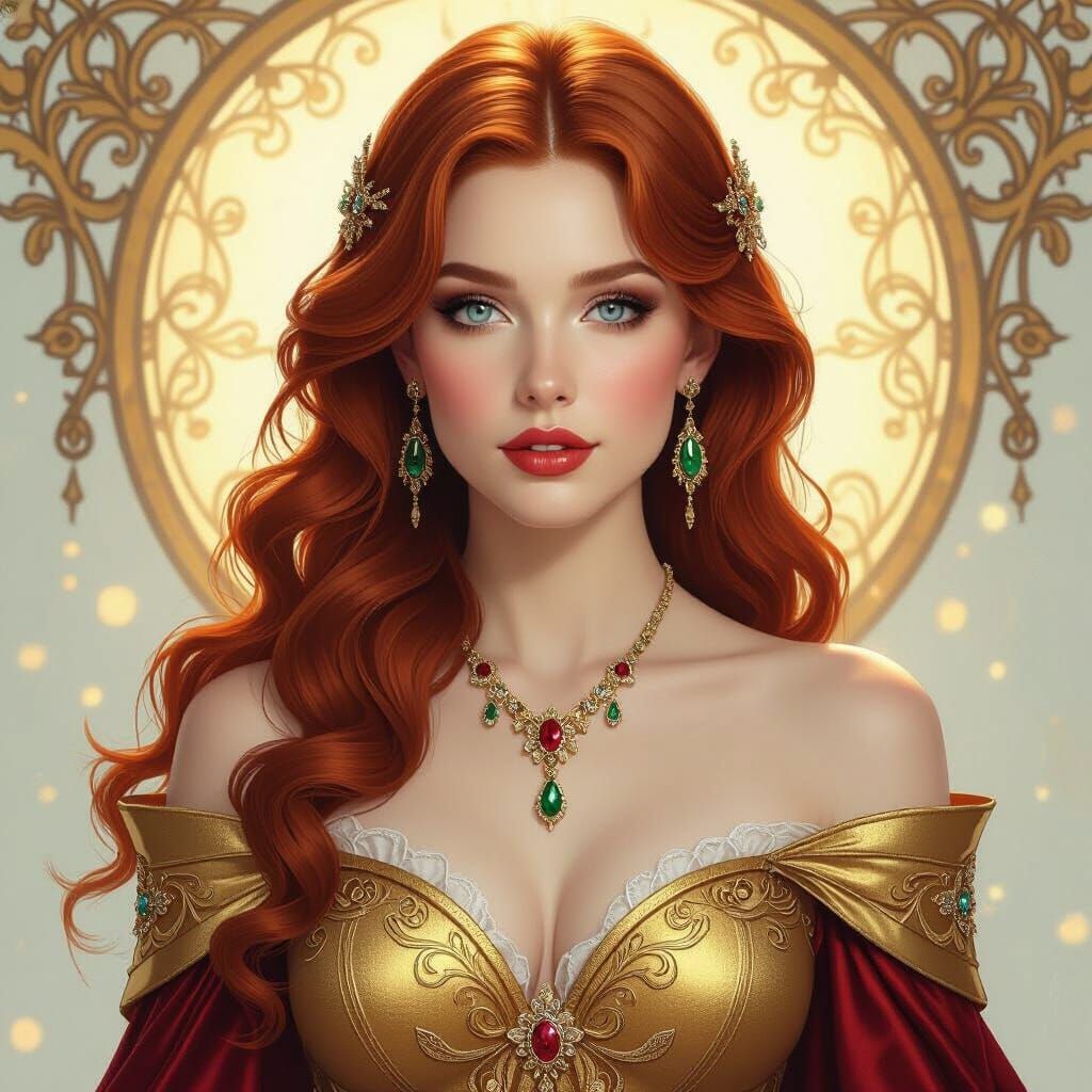Regal Woman in Gold Gown, Art Nouveau Style
