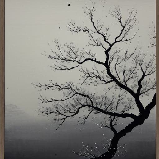 Japanese Ink Wash Painting of Moonlit Poplar Tree