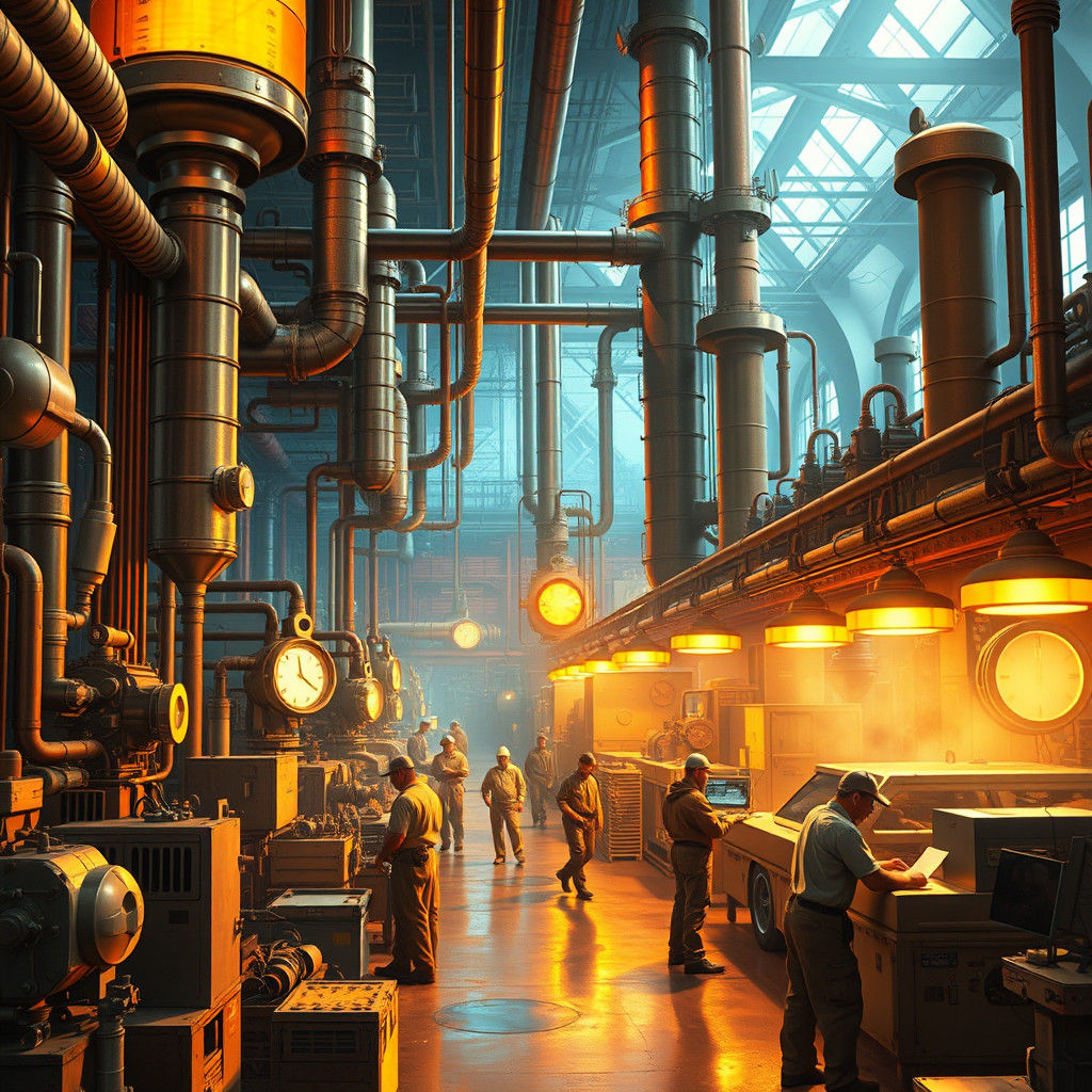 1950s Factory Scene in Sci-Fi Concept Art Style