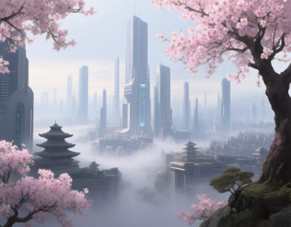 Futuristic Metropolis Framed by Sakura Trees