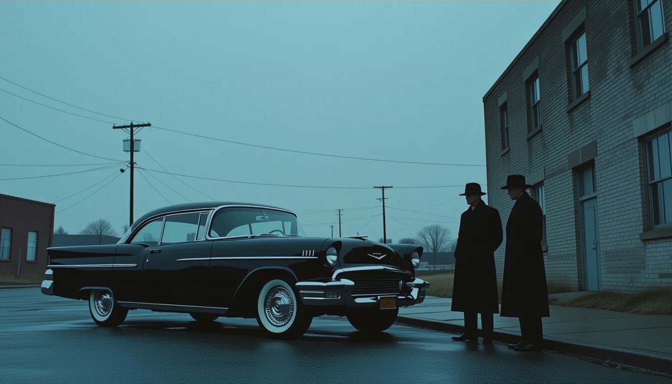 1950s Car with Silhouettes in Noir Style