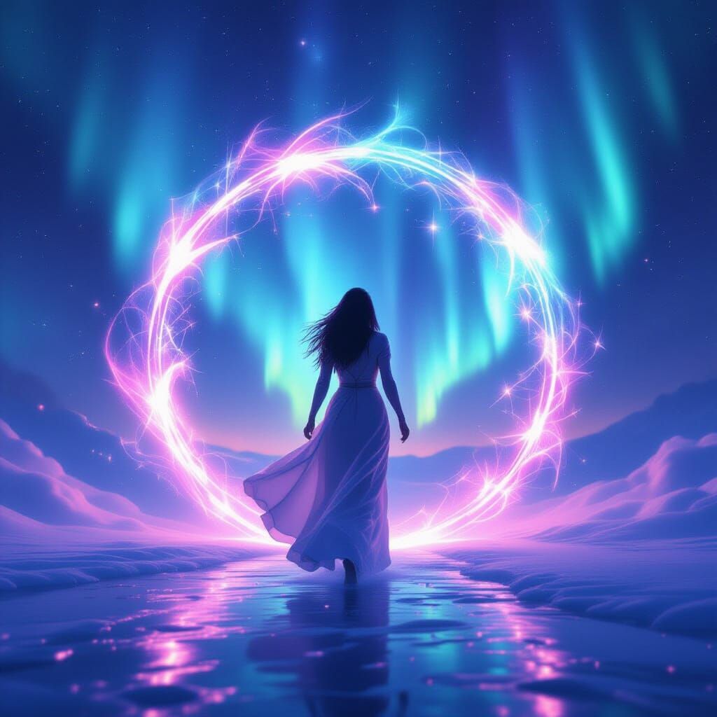 Mystical Woman Enters Shimmering Portal Amidst Aurora