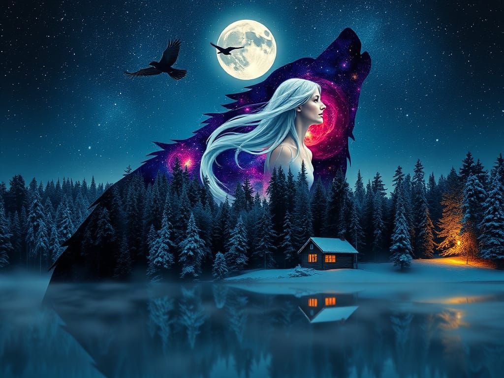 Cosmic Wolf Silhouette in Winter Forest Landscape