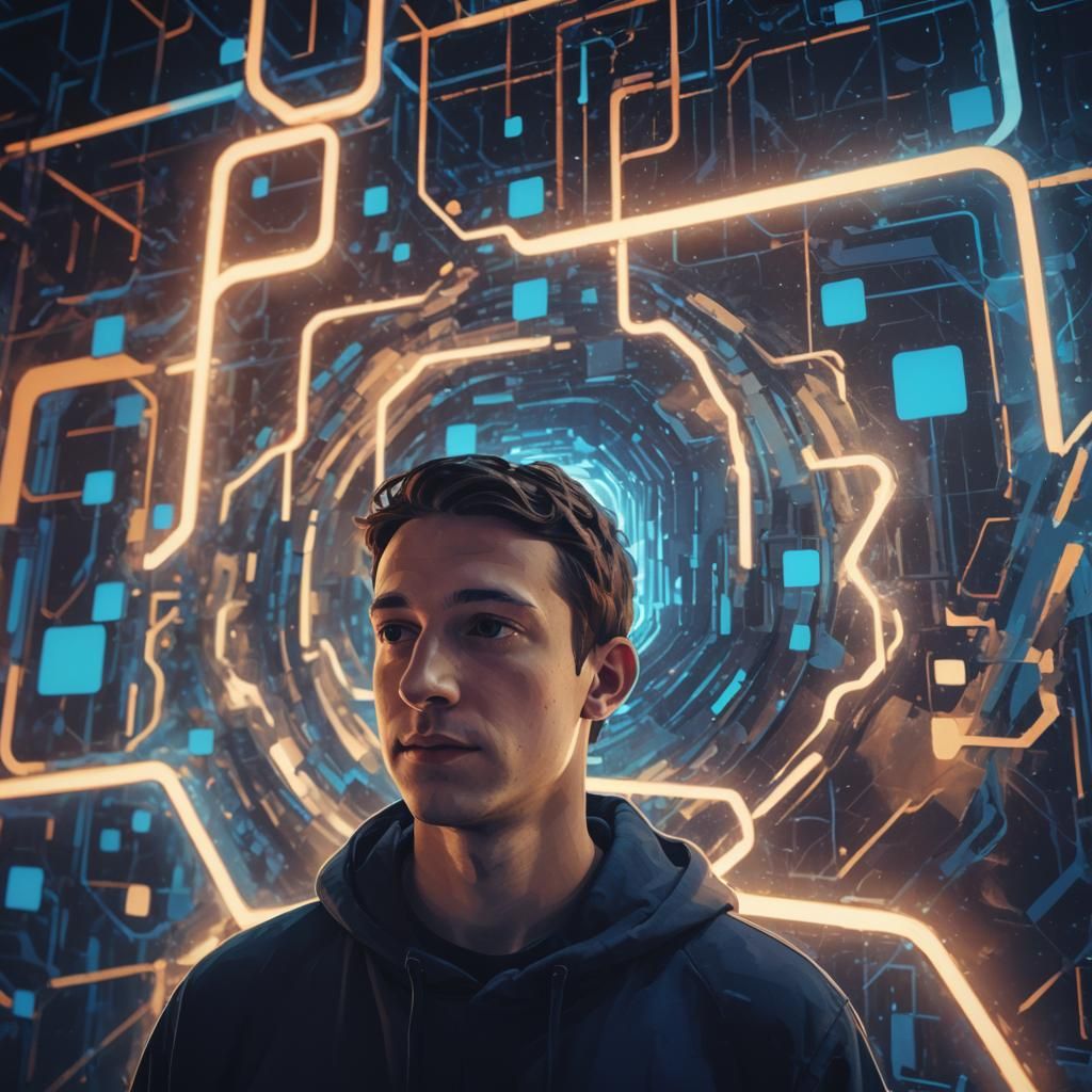 Abstract Digital Art: Person Before Glowing Facebook Logo