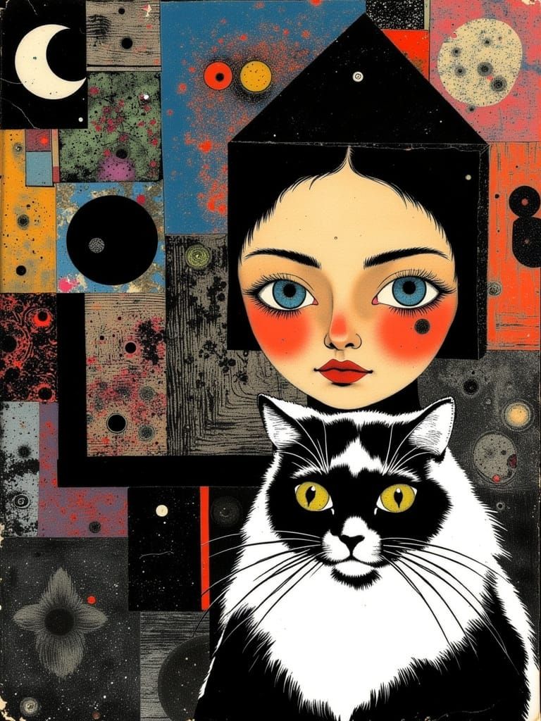 Surreal Bohemian Portrait of a Black Cat in Iridescent Color...