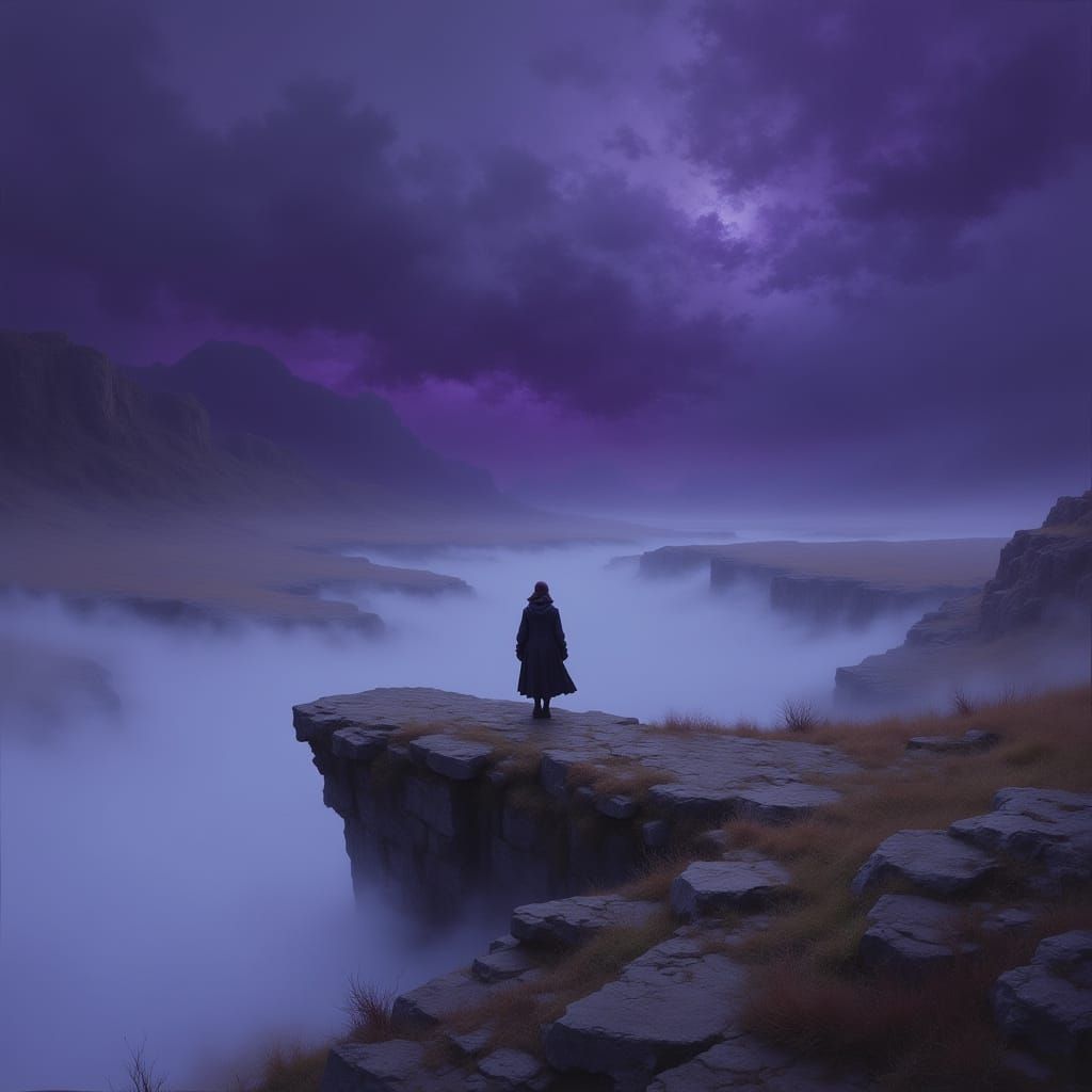 Mystical Figure Gazing at Misty Landscape in Dark Fantasy St...