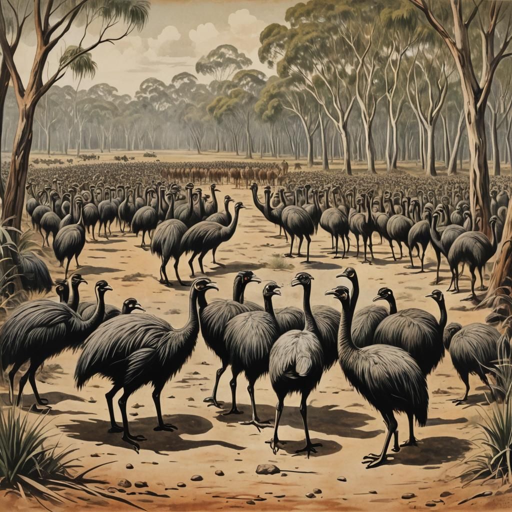 Emus facing off against Australian soldiers in Queensland in 1932 primitivism aboriginal art