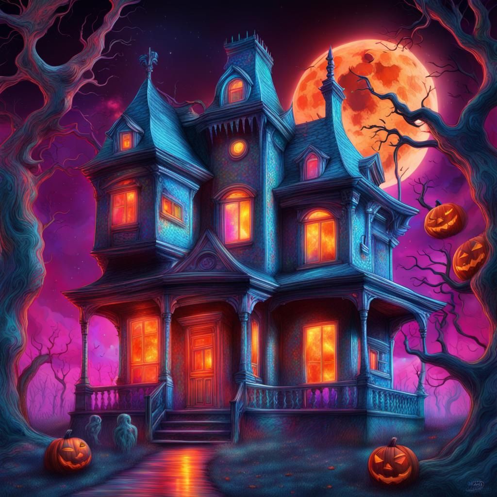 Holographic Halloween House: Astral Cosmic Illustration