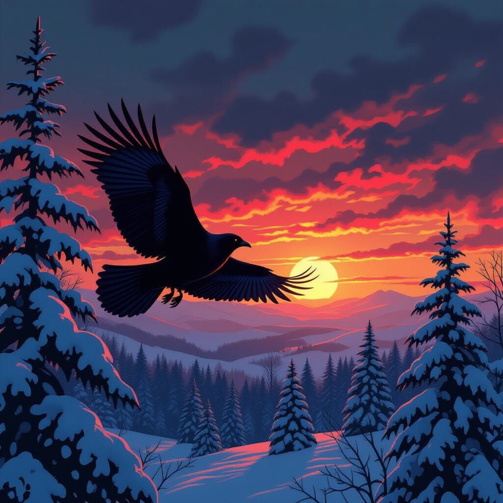 Raven Soaring Through Winter Sunset Landscape