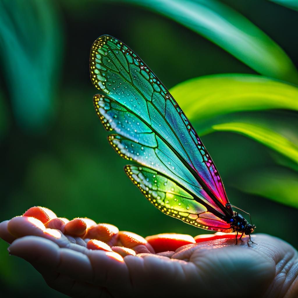 Iridescent Fairy Wing in Hand, Double Exposure