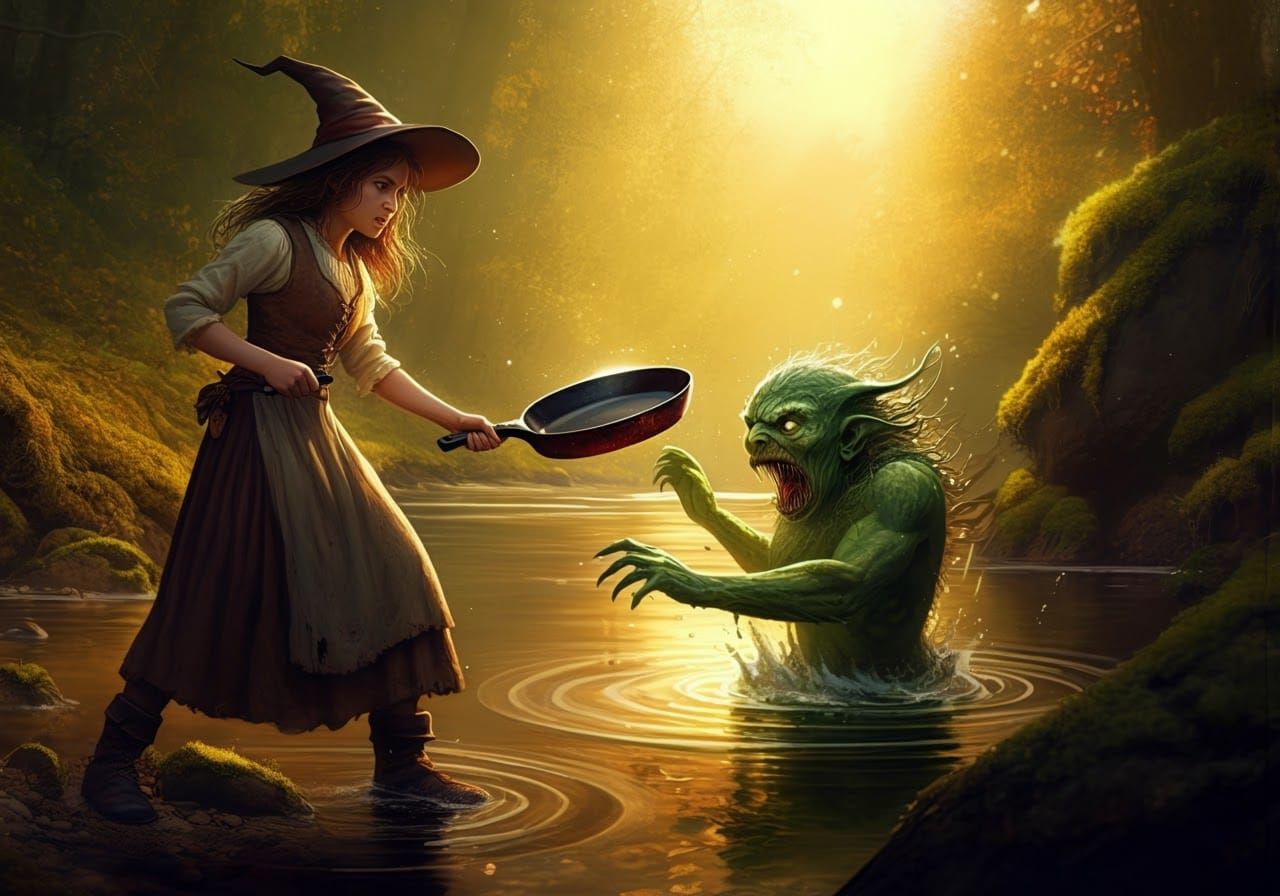 Young Witch Battles River Monster: Fantasy Oil Painting