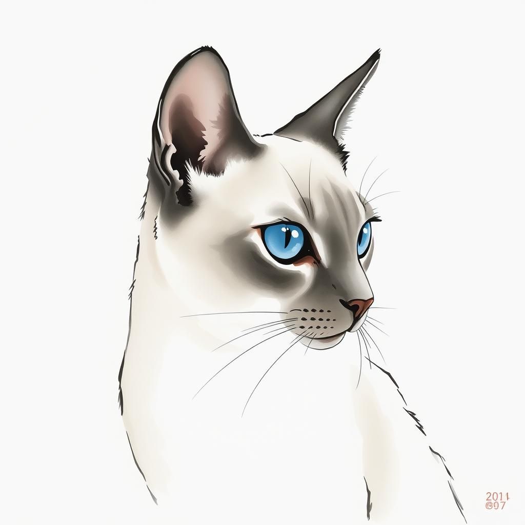 Ink wash on paper painting, sleek lilac-point Siamese cat wi...