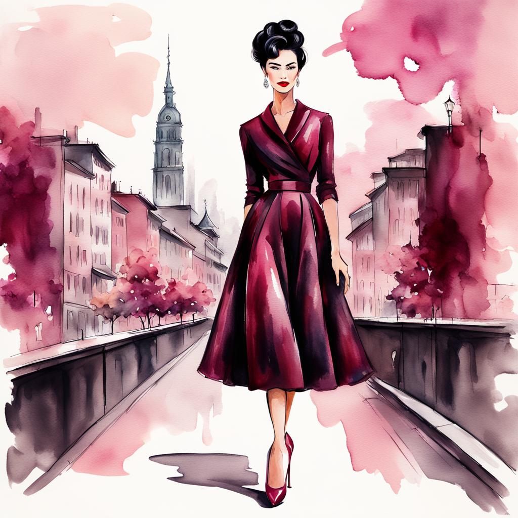 Elegant Fashion Model in Retro Alcohol Ink Drawing