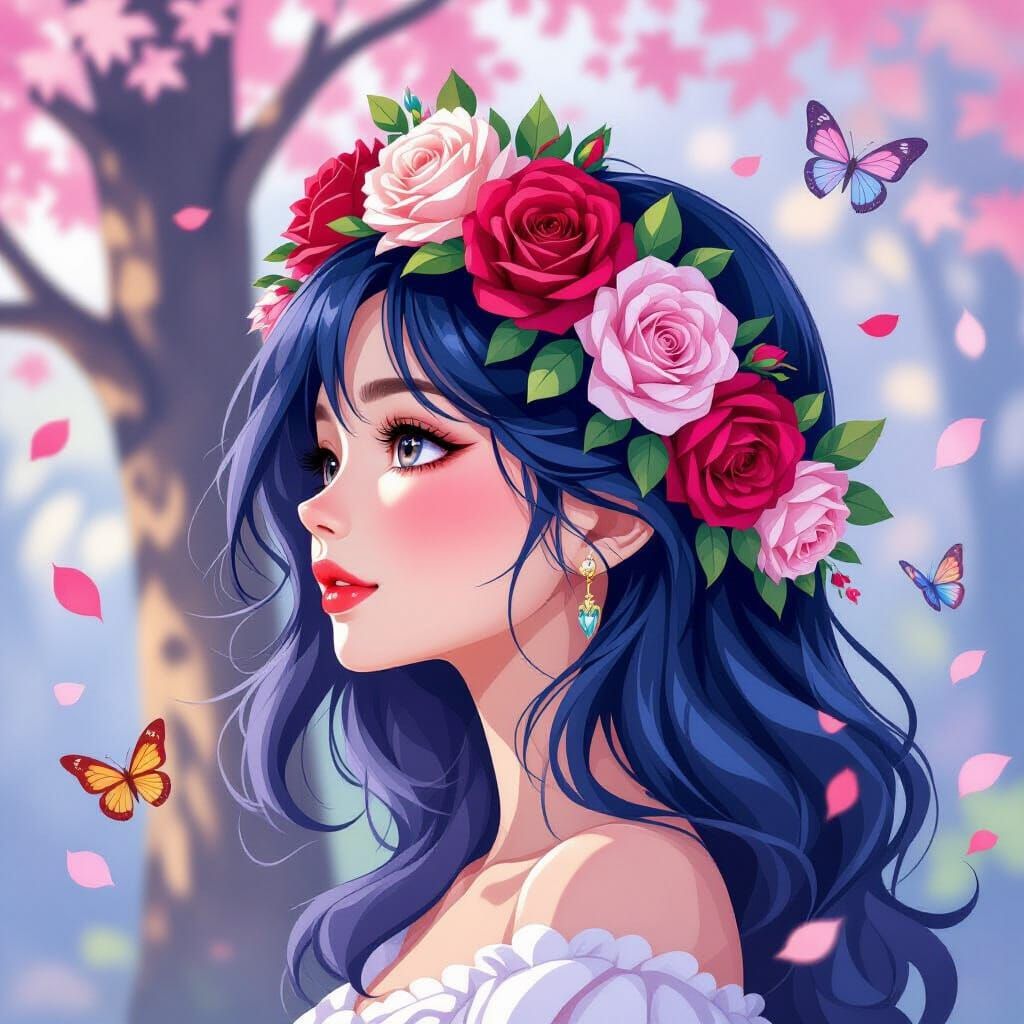 Anime Woman with Floral Crown and Butterflies