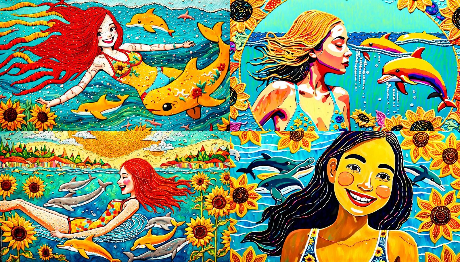 Redhead Girl in Sunflower Bikini: Acrylic Embroidery Paintin...