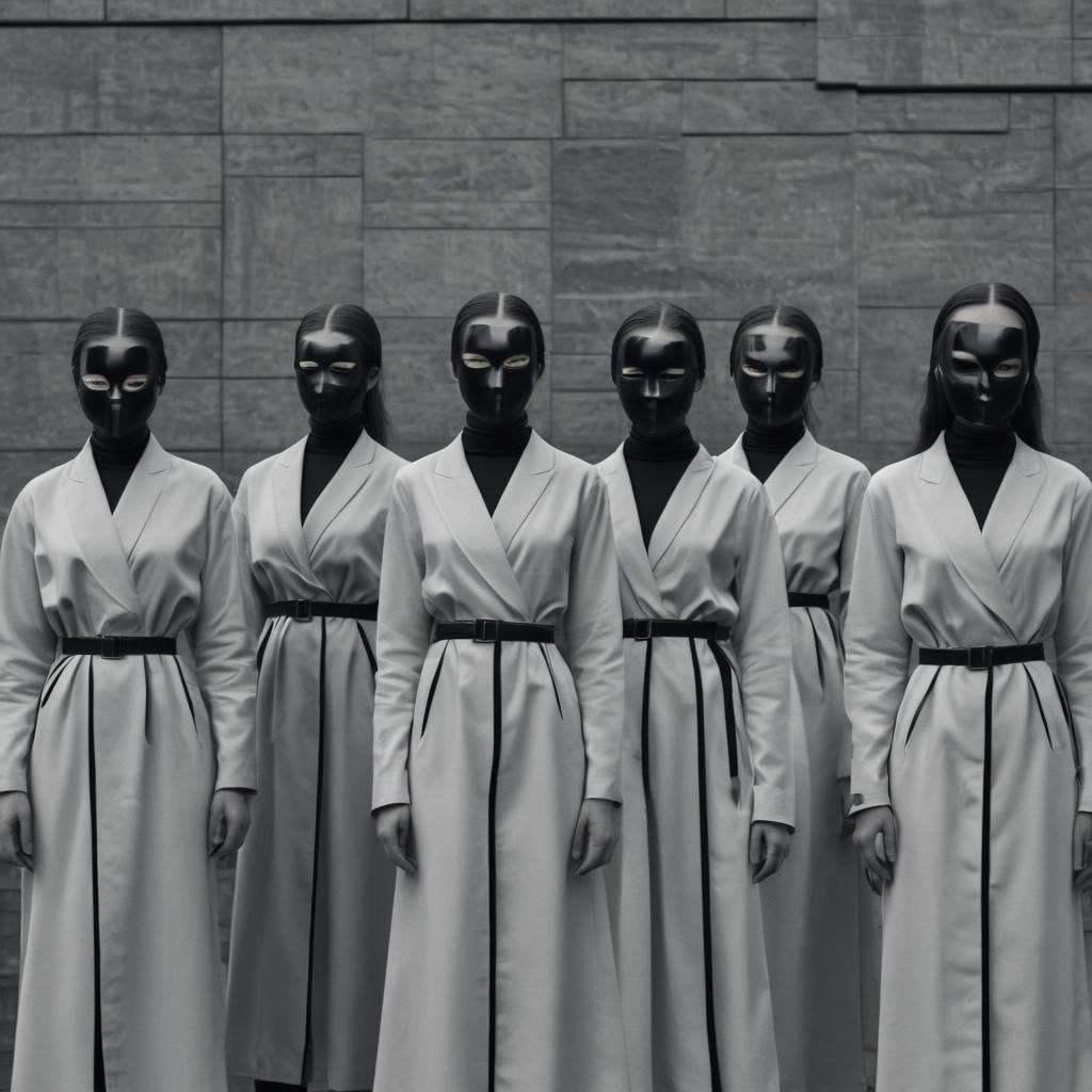 Futuristic Women in Black Masks, Mondrian Style