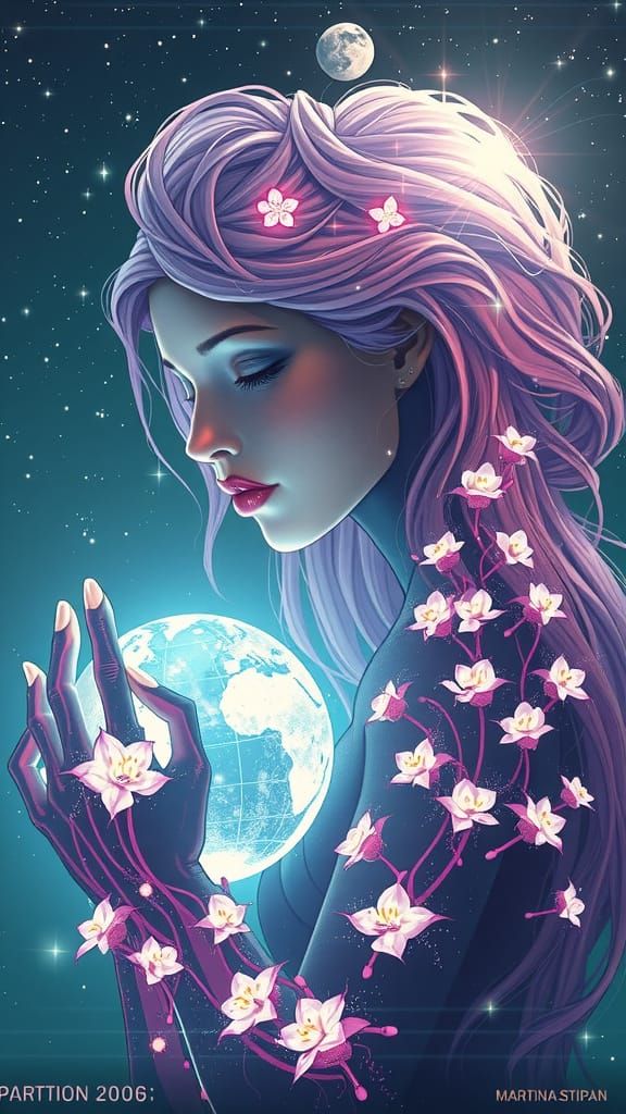 Cyberpunk Goddess with Star Hair Holds Fractal City Globe