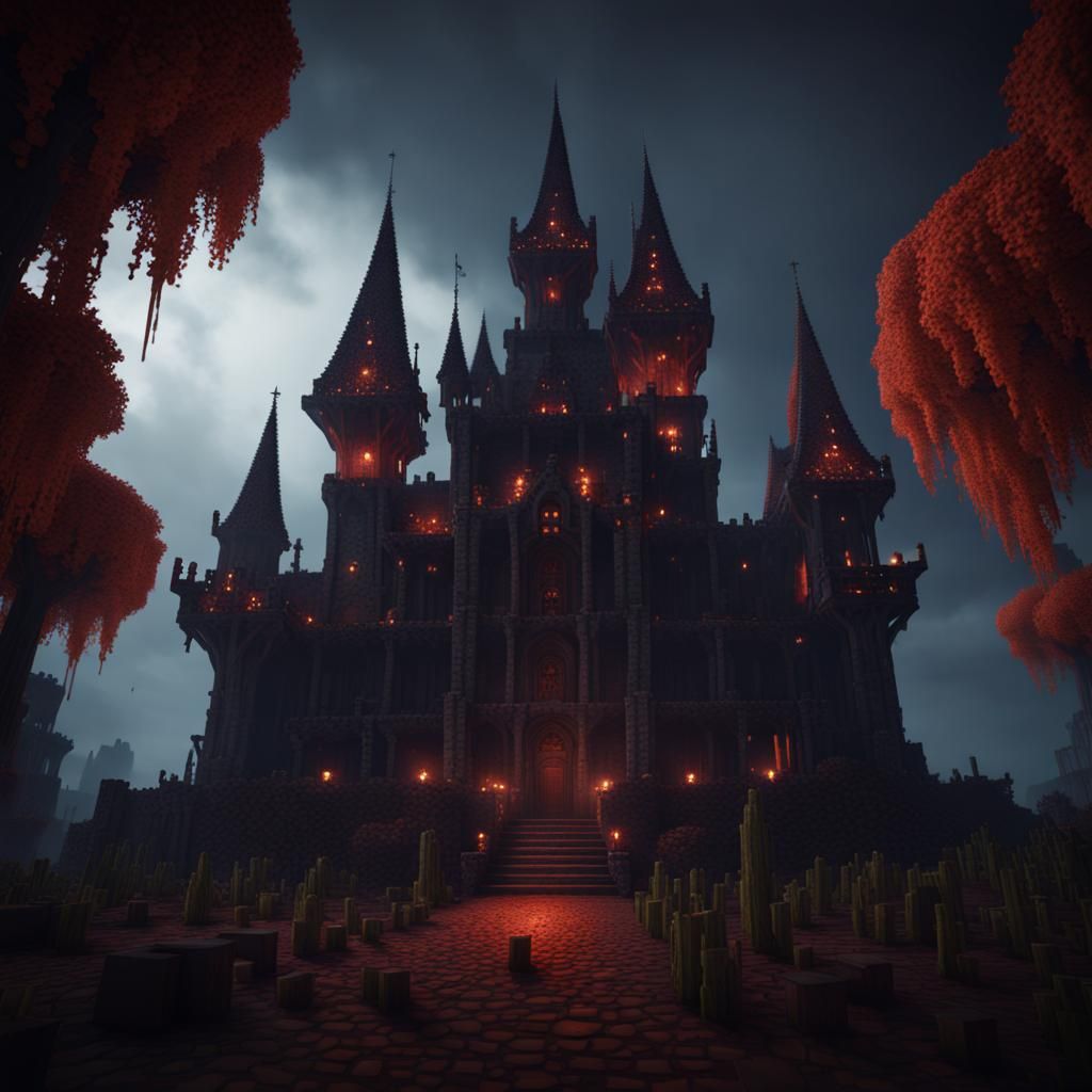 Scary Demonic Minecraft Castle in Dark Horror Style