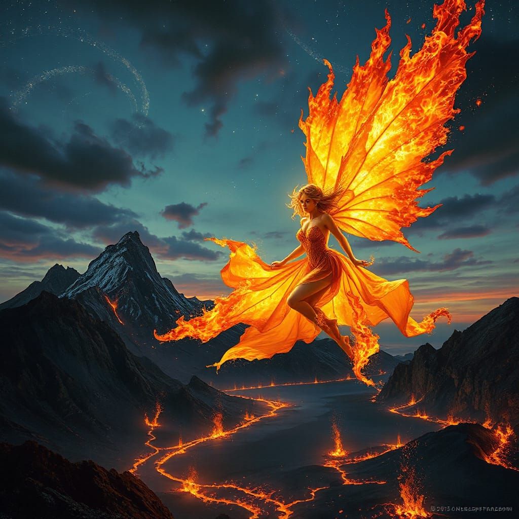 Fire Fairy Soaring Through Twilight Sky in Hyperrealistic St...