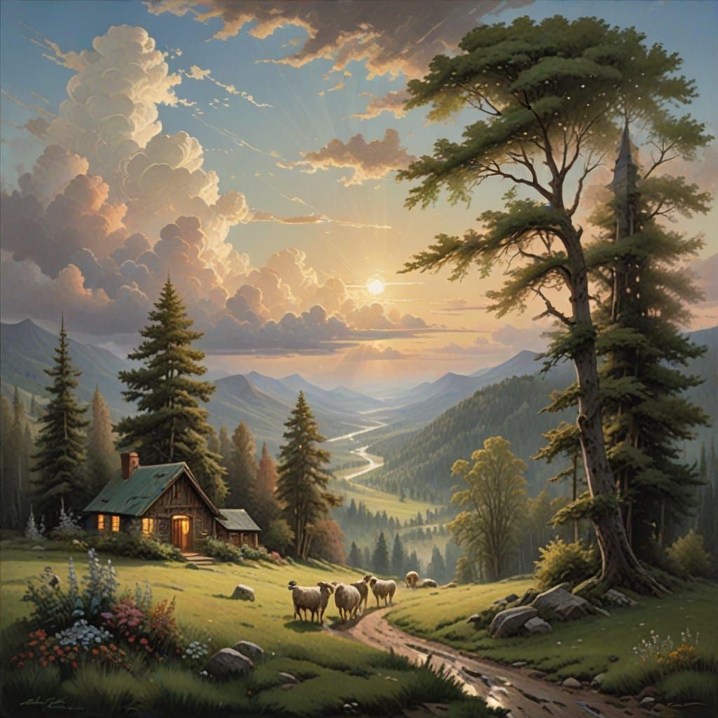 Serene Shepherd Landscape in Soft Focus Oil Painting