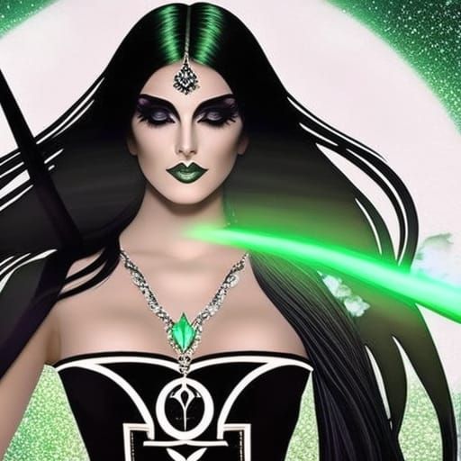 Gothic witch with long black hair& iridescent green glowing ...