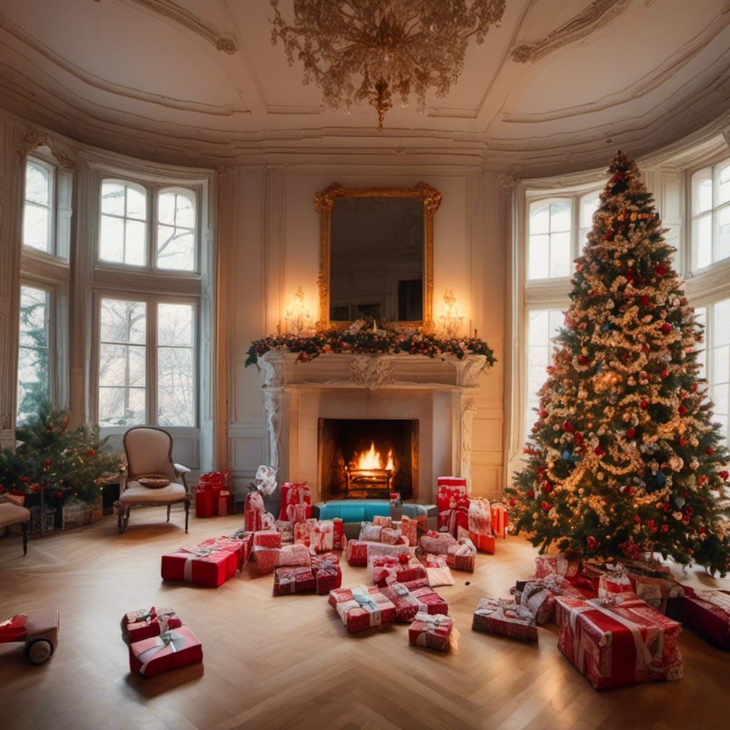 Mansion Christmas: Fireplace and Decorated Tree