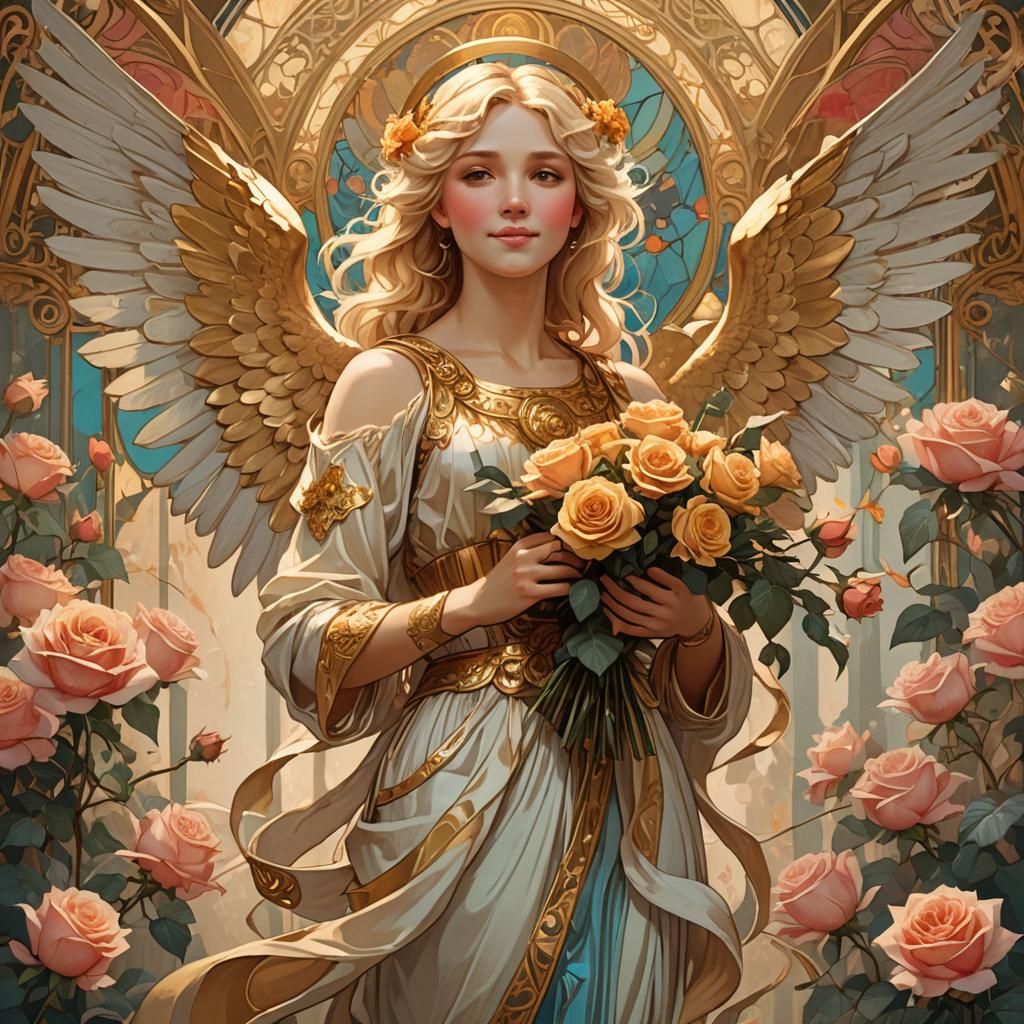 Smiling Angel with Roses in Art Nouveau Style