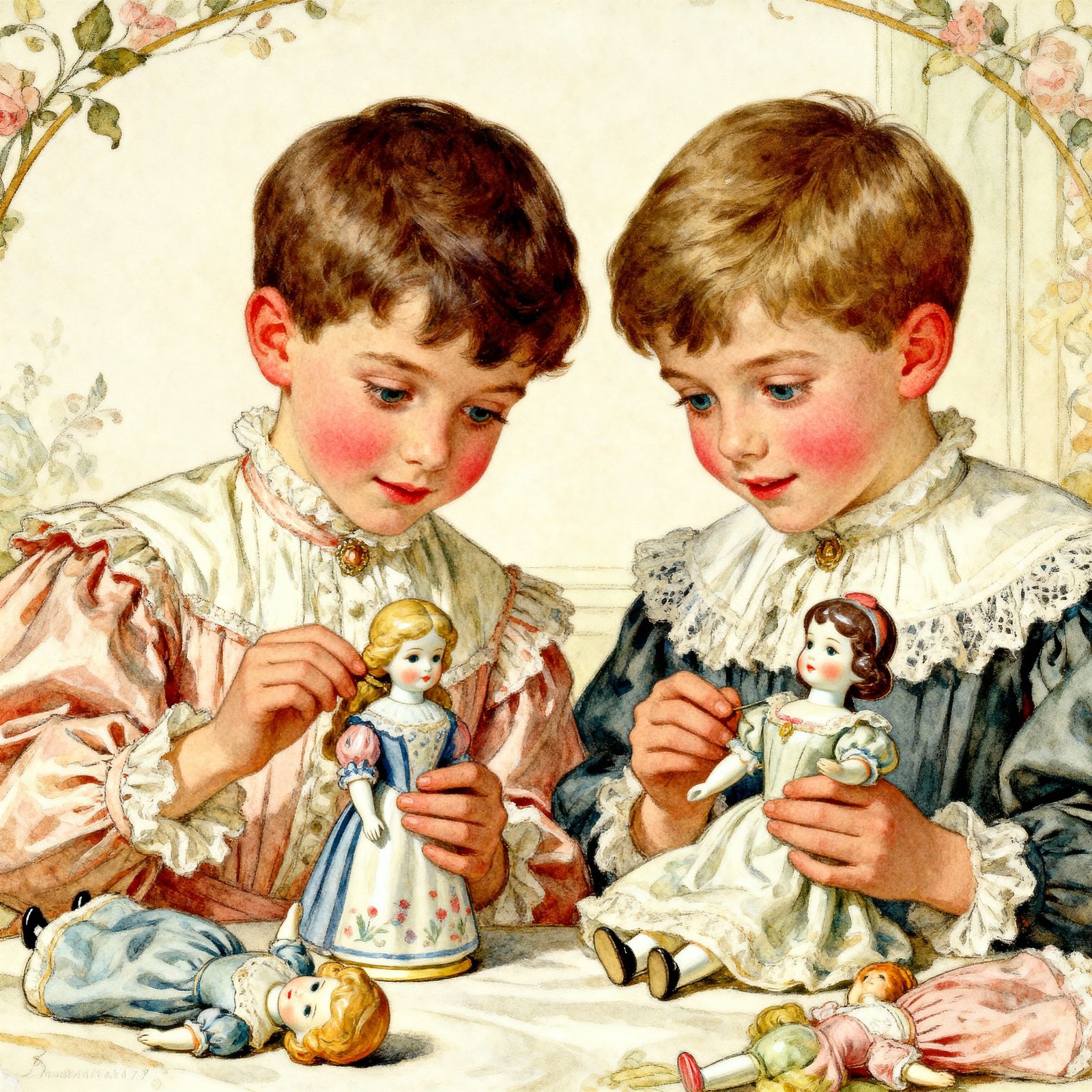 Victorian Boys Play With Dolls in Warm Light