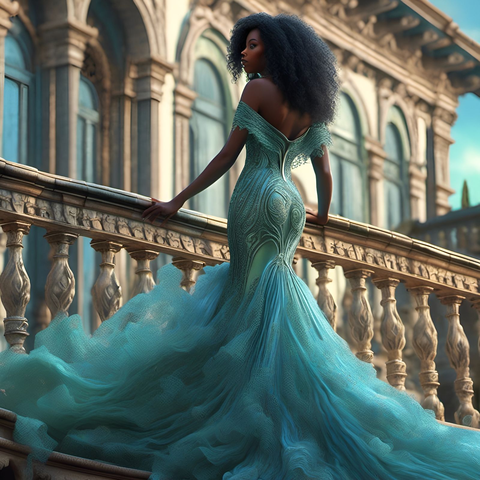 Beautiful Ebony Woman in Holographic Gown, 3D Render