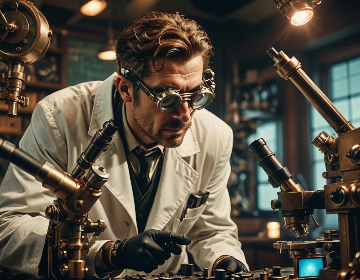 Steampunk Sci-Fi Scientist Examining Nanoparticles