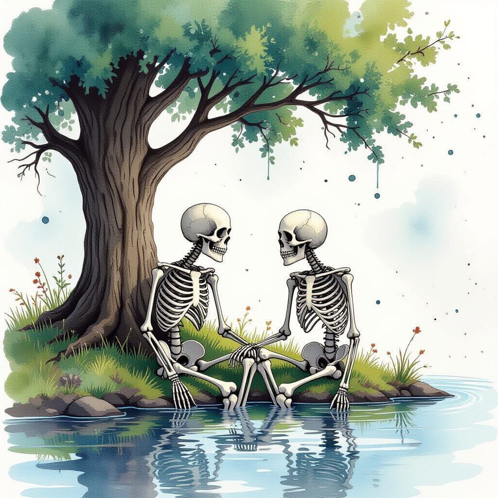 Skeletons Under Oak Tree in Watercolor Style