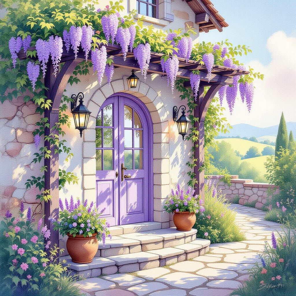 Dreamy Watercolor Country House with Wisteria and Stone Path