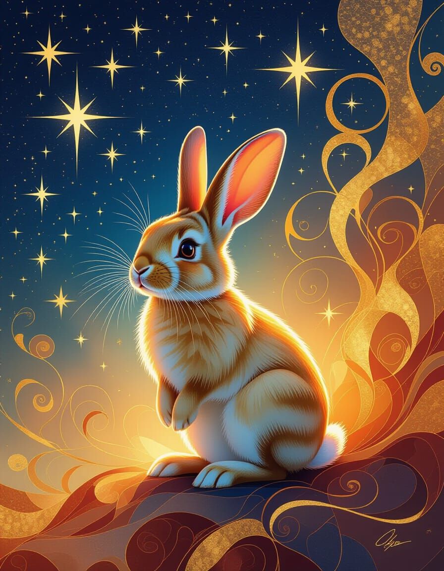 Surreal Rabbit in Dreamlike Starry Landscape
