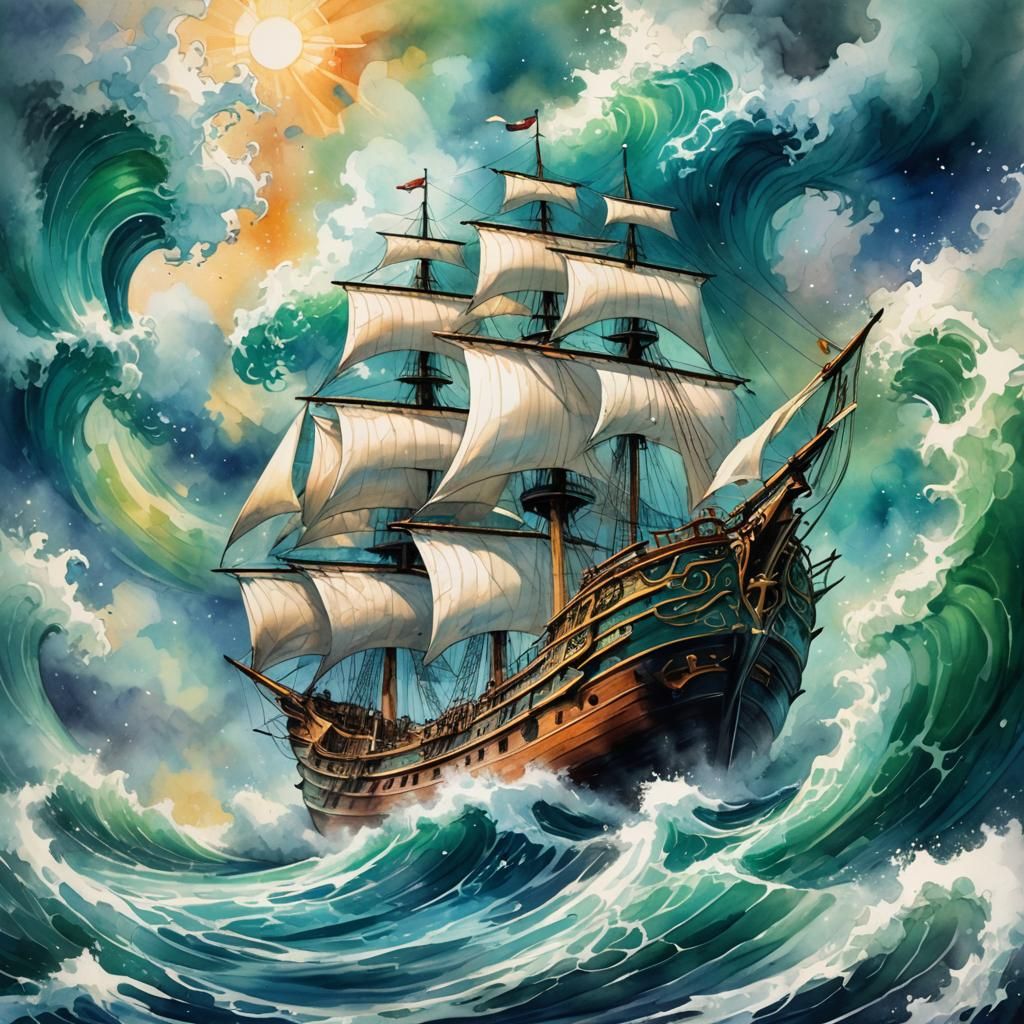 Majestic Ship Rides Crest of Wave: Fantasy Art