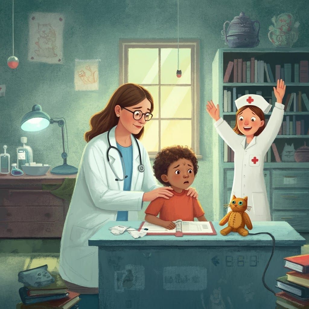 Veterinarian Examines Child in Whimsical Illustration Style