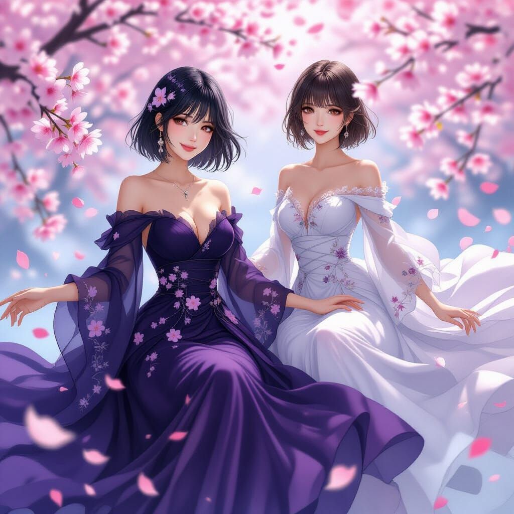 Ethereal Women Floating Among Cherry Blossoms