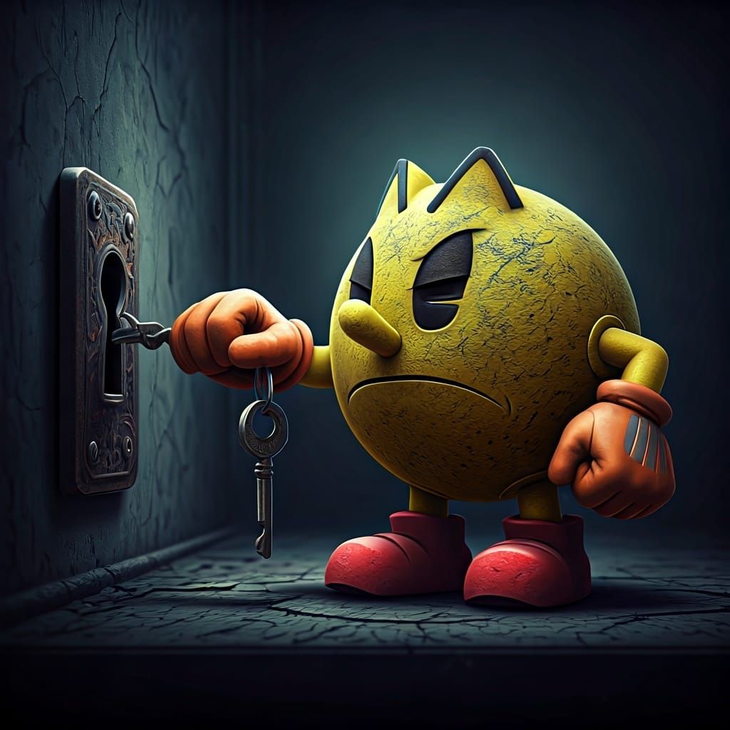 Distressed Pacman in Surreal Landscape, Photorealistic Style