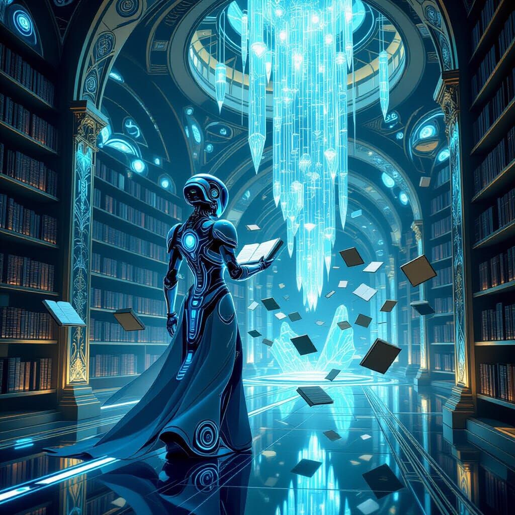Robotic Librarian in Futuristic Library with Floating Books